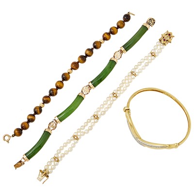 Lot 2275 - Three Gold, Tiger's Eye, Nephrite, Cultured Pearl and Diamond Bracelets and Bangle Bracelet