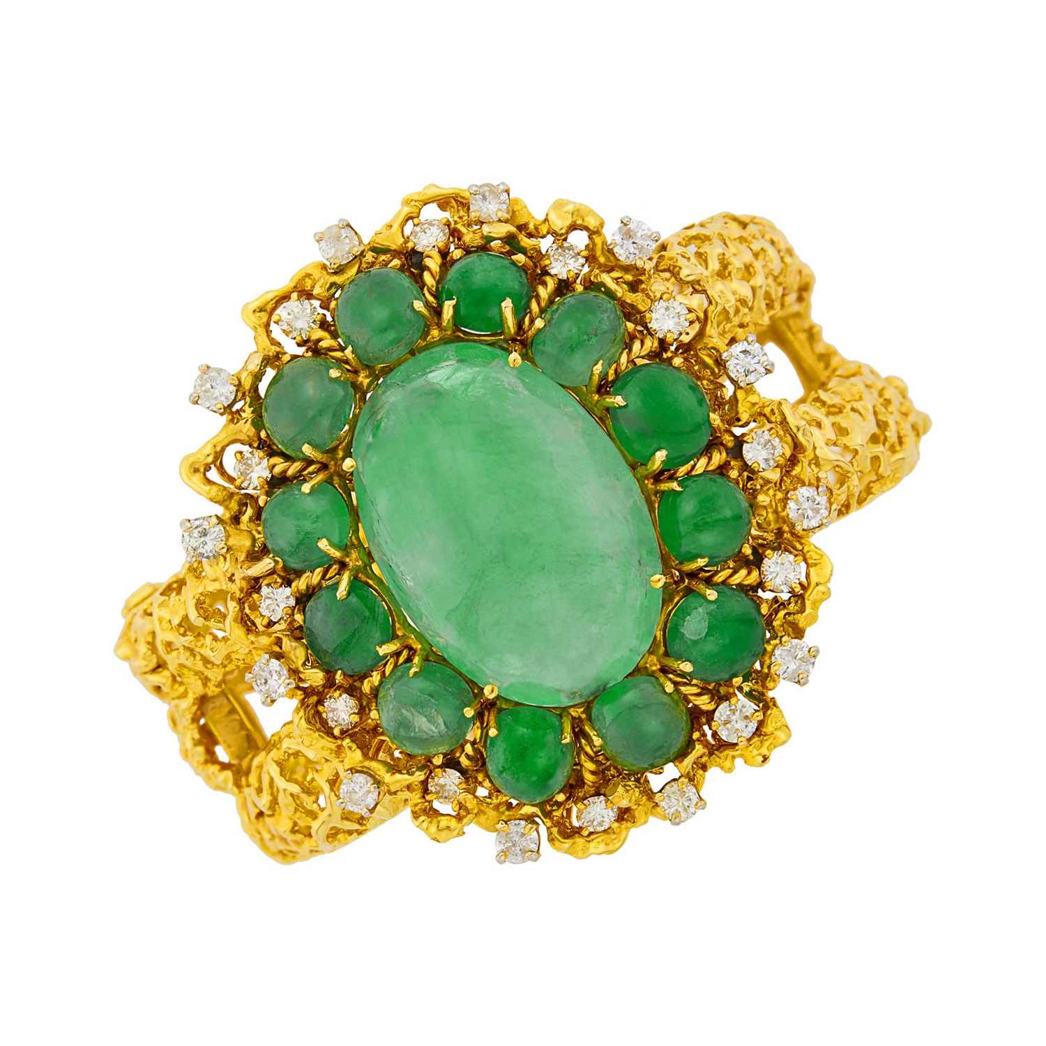 Lot 56 - Gold, Cabochon Emerald and Diamond Brooch/Bangle Bracelet Combination