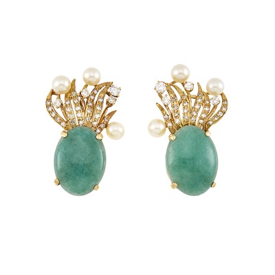 Lot 2168 - Pair of Gold, Aventurine Quartz, Diamond and Cultured Pearl Earclips
