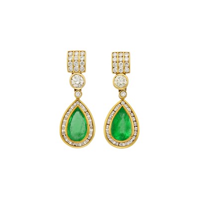 Lot 1140 - Pair of Gold, Emerald and Diamond Pendant-Earrings
