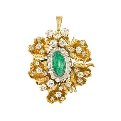 Lot 2204 - Gold, Cabochon Emerald and Diamond Pendant-Brooch
