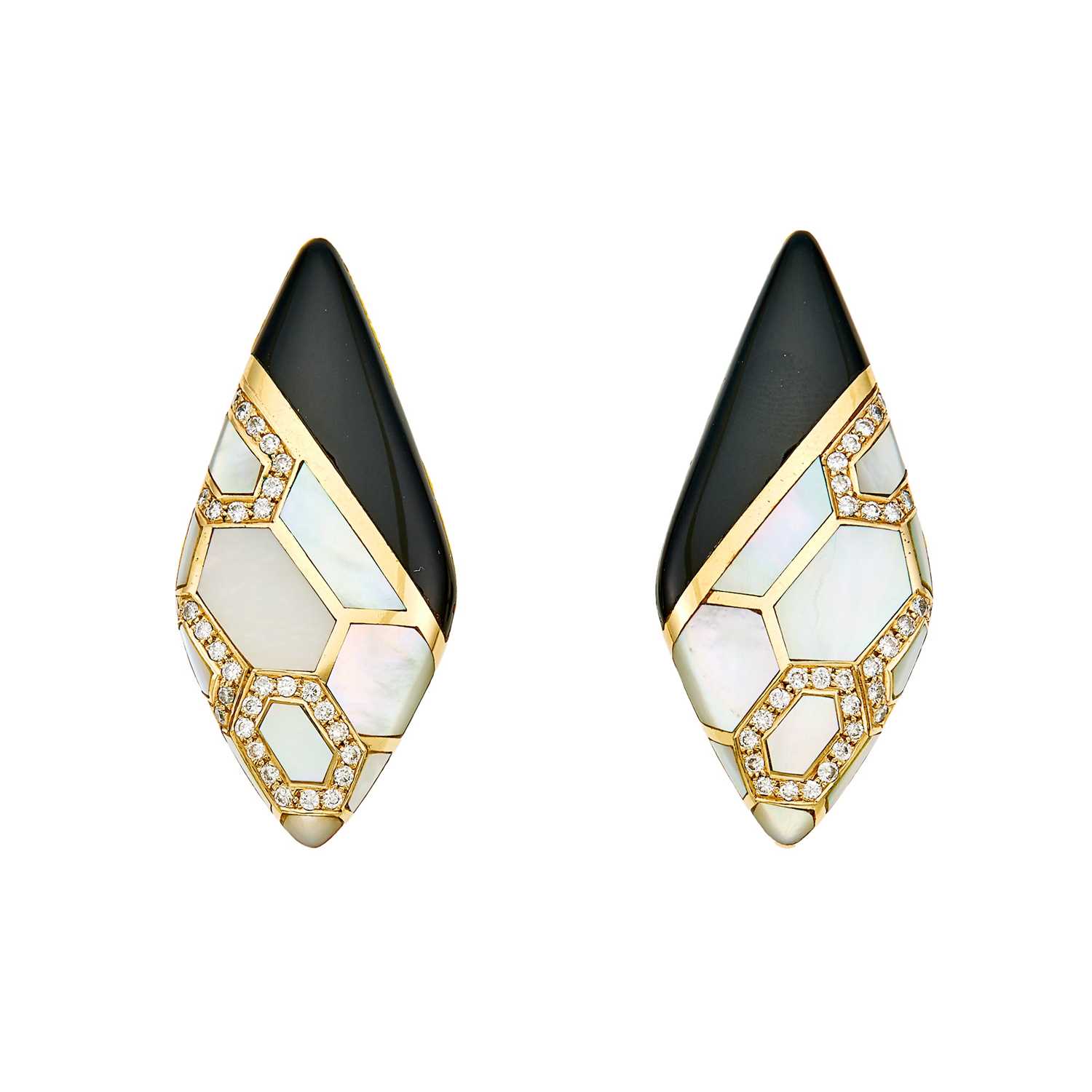 Lot 1230 - Pair of Gold, Diamond, Mother-of-Pearl and Black Onyx Earrings