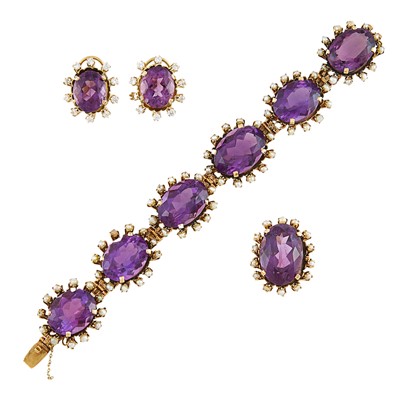 Lot 2170 - Gold, Amethyst and Pearl Bracelet and Ring and Pair of Amethyst and Diamond Earrings