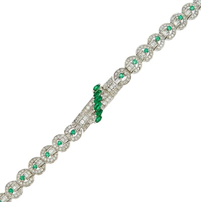 Lot 1265 - Platinum, Diamond and Emerald Bracelet