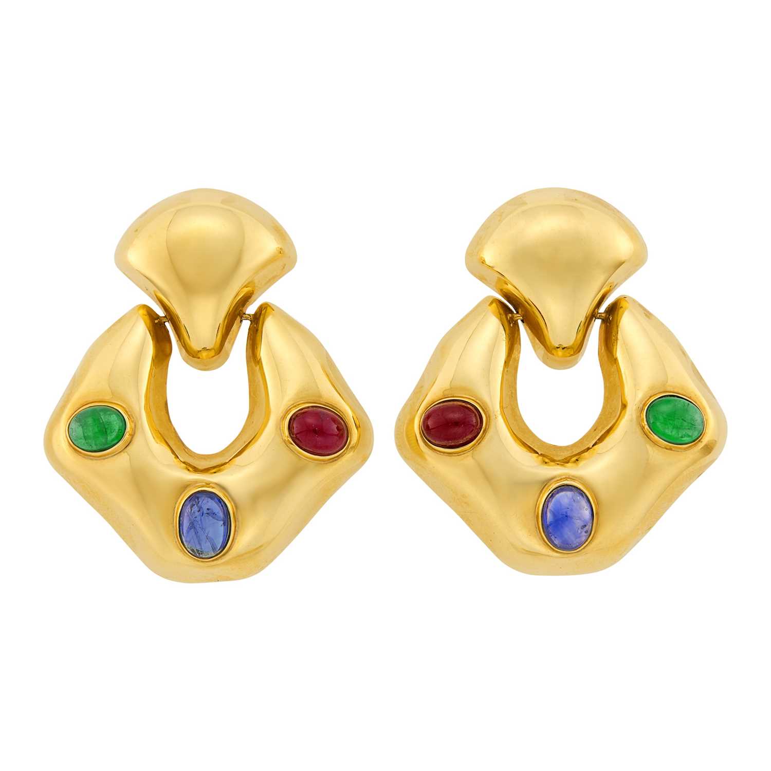 Lot 1062 - Pair of Gold and Cabochon Gem-Set Door Knocker Pendant-Earrings