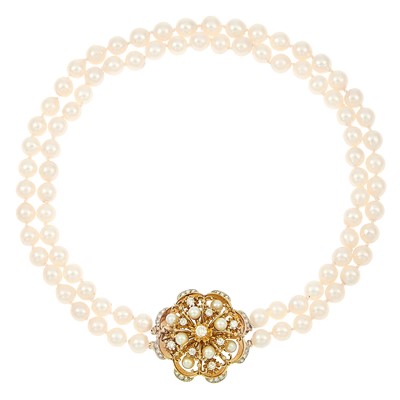 Lot 1158 - Double Strand Cultured Pearl Necklace with Two-Color Gold, Cultured Pearl and Diamond Clasp