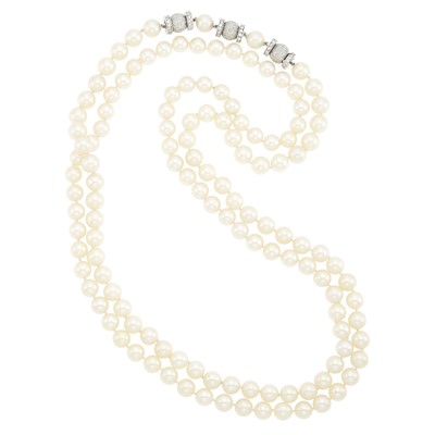 Lot 2108 - Long White Gold, Diamond and Cultured Pearl Necklace