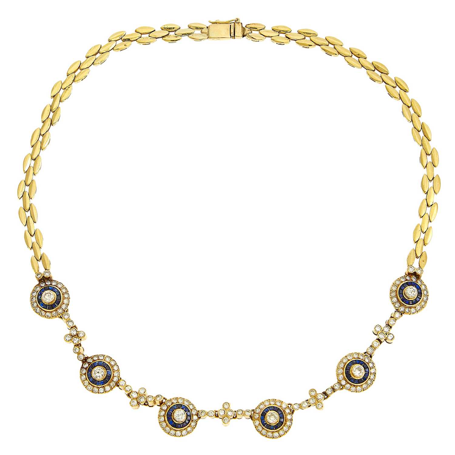 Lot 1207 - Gold, Diamond and Sapphire Necklace