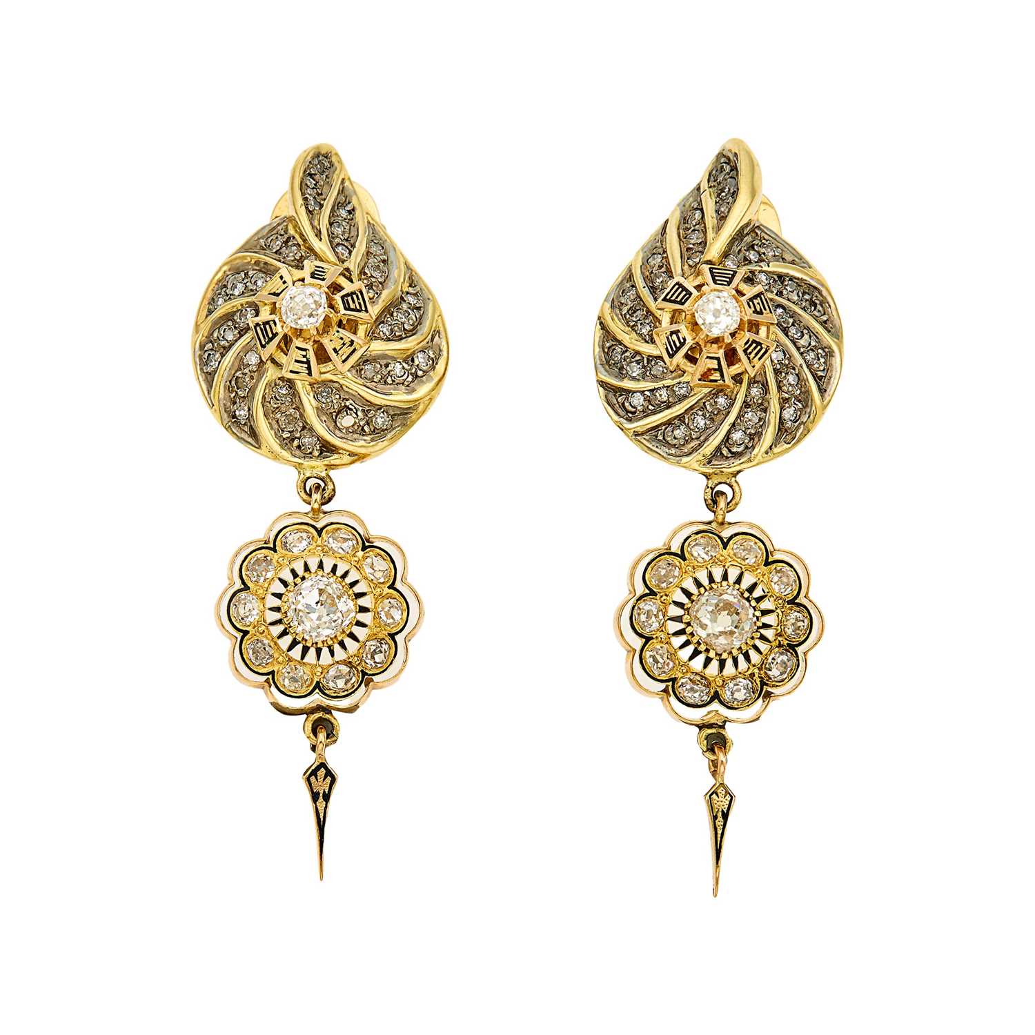 Lot 1161 - Pair of Gold, Black Enamel and Diamond Pendant-Earrings