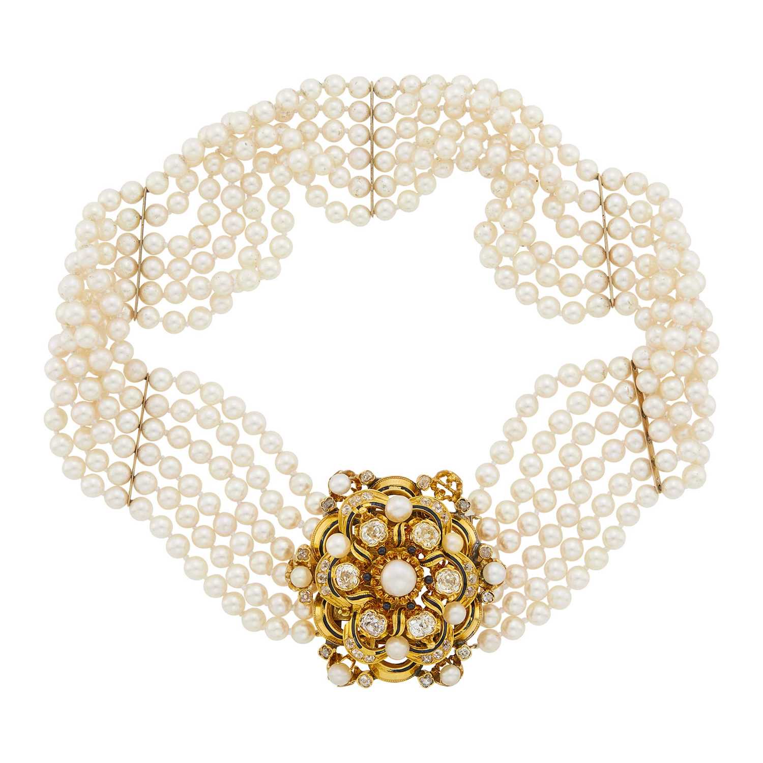 Lot 1072 - Six Strand Cultured Pearl Choker Necklace with Antique Gold, Diamond, Pearl and Black Enamel Clasp