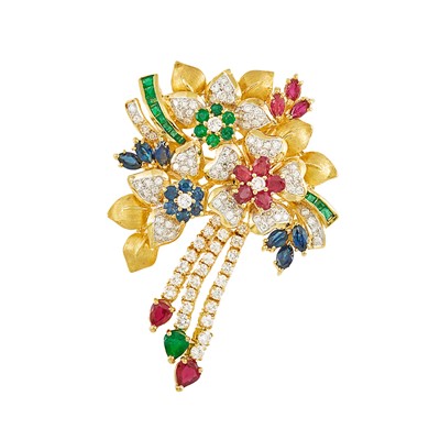 Lot 2193 - Gold, Diamond, Ruby, Sapphire and Emerald Bouquet Fringe Brooch