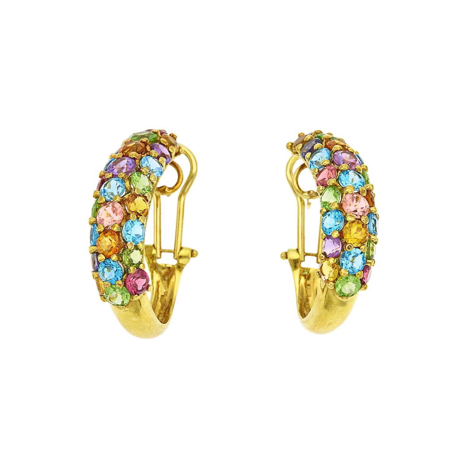 Lot 1218 - Pair of Gold and Multicolored Stone Hoop Earrings