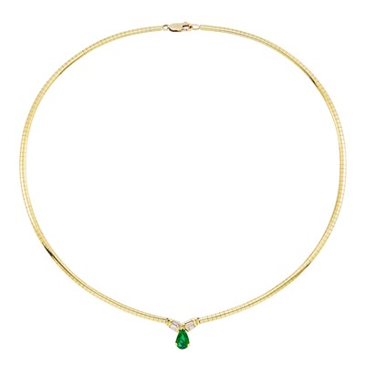 Lot 2205 - Gold, Emerald and Diamond Pendant-Necklace