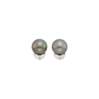 Lot 1048 - Pair of Platinum, Tahitian Gray Cultured Pearl and Diamond Earrings