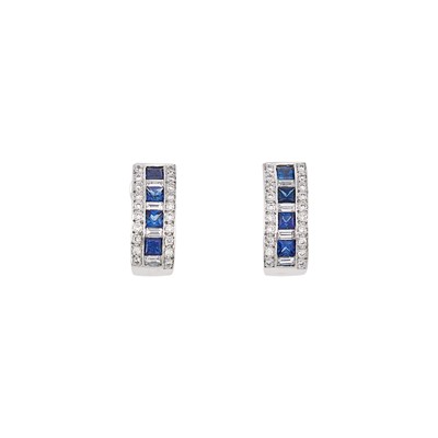 Lot 2074 - Pair of White Gold, Sapphire and Diamond Half-Hoop Earrings