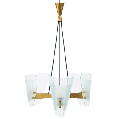 Lot 221 - Gilardi & Barzaghi Black Enameled Metal, Brass and Glass Three-Light Chandelier