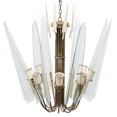 Lot 227 - Italian Mid Century Fontana Arte Style Brass Finish Metal and Glass Eight-Light Chandelier