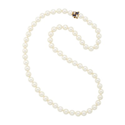 Lot 98 - Tiffany & Co. Cultured Pearl Necklace with Gold, Sapphire and Diamond Clasp