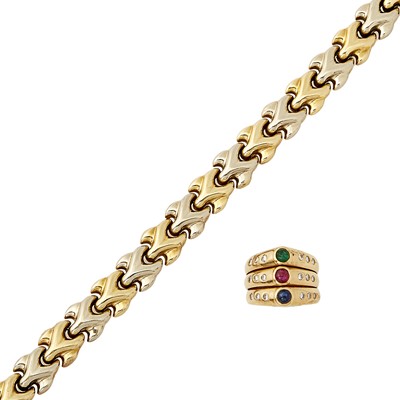 Lot 2035 - Two-Color Gold Link Bracelet and Gold, Cabochon Gem-Set and Diamond Ring