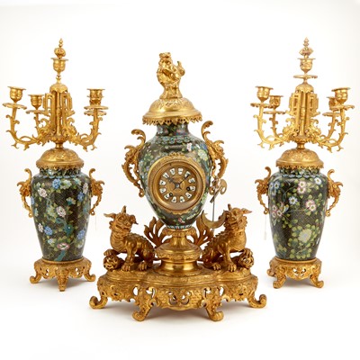 Lot 460 - Louis XV Style Gilt-Bronze and Cloisonné Three-Piece Clock Garniture