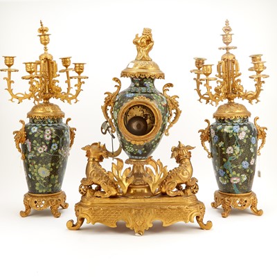 Lot 460 - Louis XV Style Gilt-Bronze and Cloisonné Three-Piece Clock Garniture