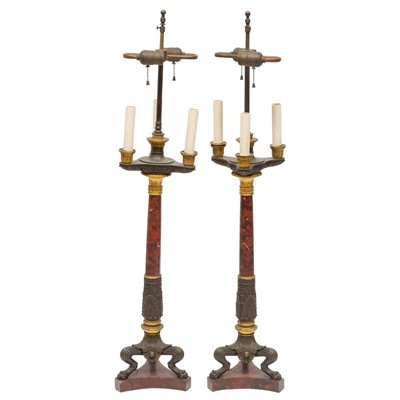 Lot 397 - Pair of Charles X Rouge Marble & Bronze Four-Light Candelabra as Lamps