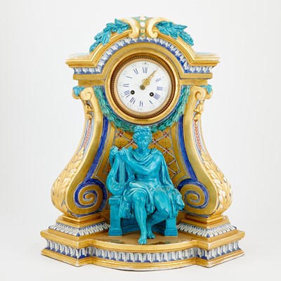 Lot 302 - Continental Neoclassical Style Gilt and Polychrome Earthenware Mantel Clock