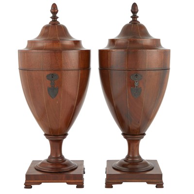 Lot 365 - Pair of George III Style Inlaid Mahogany Cutlery Urns