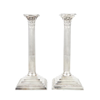Lot 163 - Pair of English George III Style Sterling Silver Candlesticks