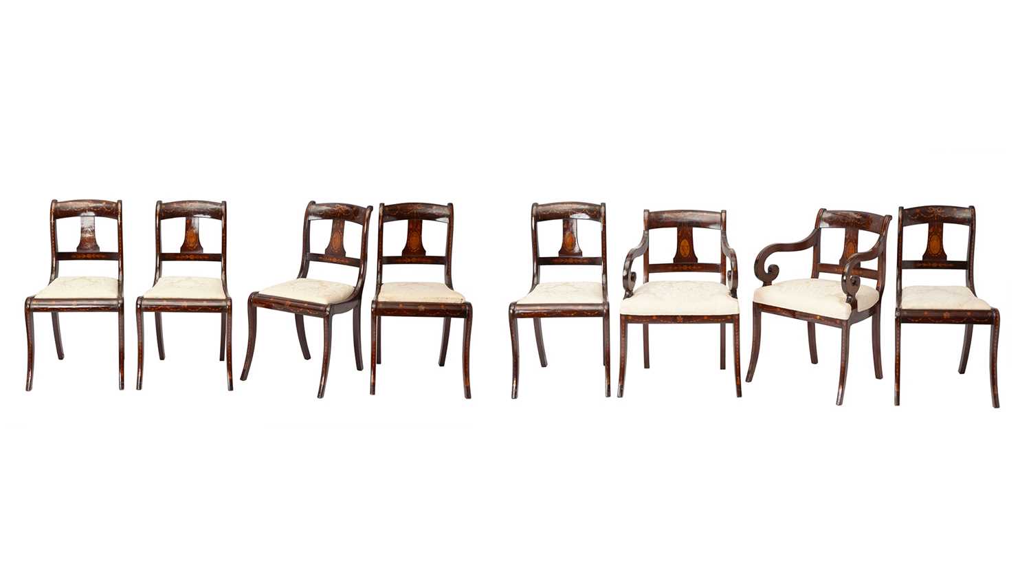 Lot 281 - Set of Eight North European Mahogany and Marquetry  Dining Chairs
