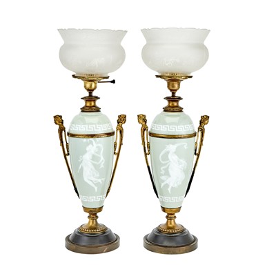 Lot 233 - Pair of Neoclassical Style Pate-Sur-Pate Porcelain and Glass Lamps
