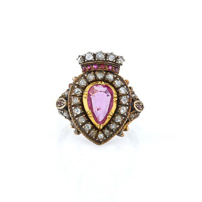 Lot 2085 - Gold, Silver, Pink Sapphire and Diamond Crown Ring