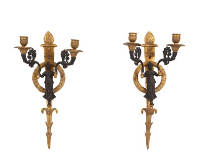 Lot 351 - Pair of French Gilt and Patinated Bronze Two-Light Figural Sconces