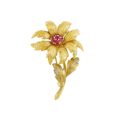 Lot 2186 - Tiffany & Co., Gold and Ruby Flower Brooch
