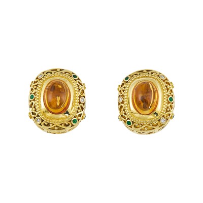 Lot 2152 - Pair of Gold, Cabochon Citrine, Emerald and Diamond Earrings