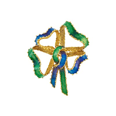 Lot 2233 - Gold and Green and Blue Enamel Bow Brooch