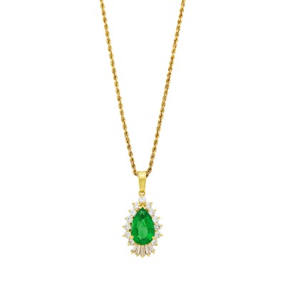 Lot 1139 - Gold, Emerald and Diamond Pendant with Long Gold Chain Necklace