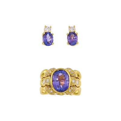 Lot 2041 - Gold, Tanzanite and Diamond Ring and Pair of Earrings