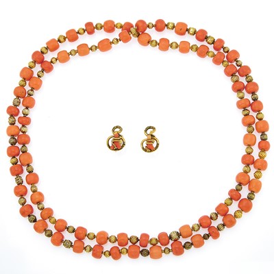 Lot 2161 - Double Strand Gold and Coral Bead Necklace and Earrings