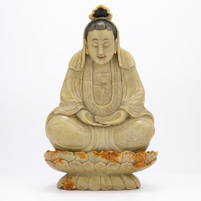 Lot 524 - A Chinese Soapstone Figure of Guanyin with Lotus Base