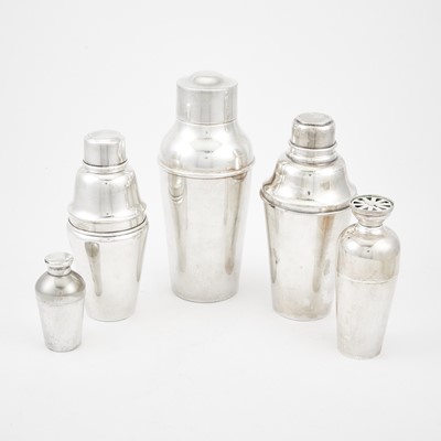 Lot 172 - Five Silver Plated, Chromed Metal and Stainless Steel Cocktail Shakers