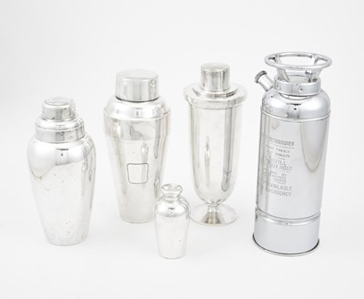 Lot 173 - Five Silver Plated, Chromed Metal and Stainless Steel Cocktail Shakers