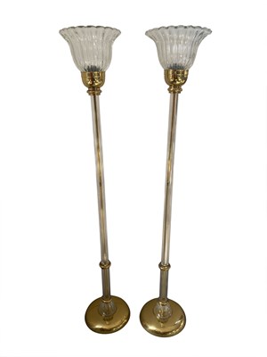 Lot 1145 - Pair of Murano Colorless Glass and Brass Torchieres
