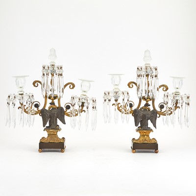 Lot 415 - Pair of English Gilt- and Patinated Bronze and Glass Three-Light Candelabra