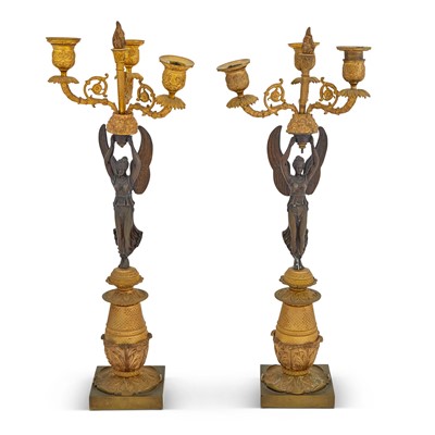 Lot 321 - Pair of Empire Style Gilt and Patinated Bronze Figural Candlesticks