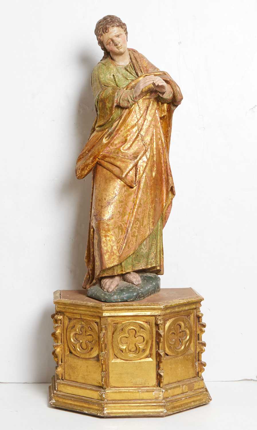 Lot 420 - Continental Polychrome Painted and Parcel-Gilt Wood Figure of a Male Saint