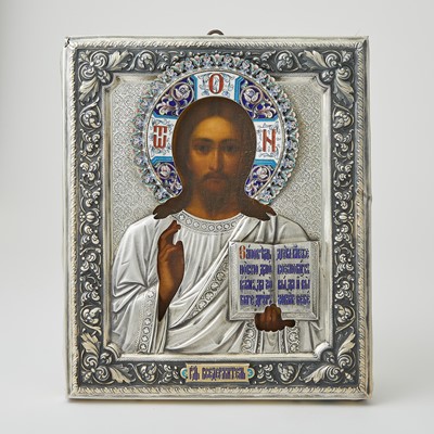 Lot 616 - Russian Silver, Cloisonné and Champlevé Enamel Icon of Christ Pantocrator