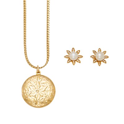 Lot 2260 - Gold Locket Pendant with Chain Necklace and Pair of Cultured Pearl and Diamond Flower Earrings