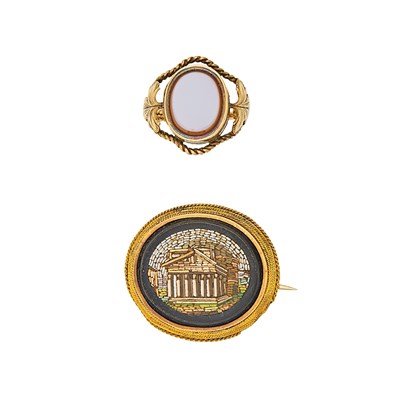 Lot 2104 - Antique Gold and Micromosaic Brooch and Antique Mourning Locket Ring