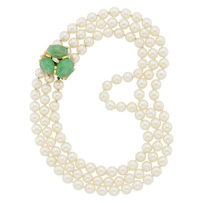 Lot 1155 - Seaman Schepps Triple Strand Cultured Pearl Necklace with Gold, Cabochon Emerald and Diamond Clasp